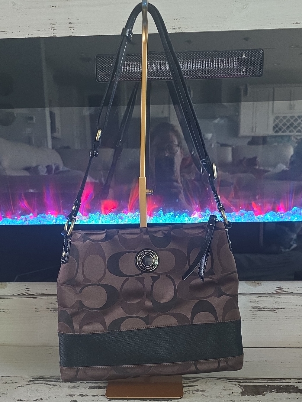 Coach Brown Signature Canvas Shoulder Bag with Black Trim Authentic